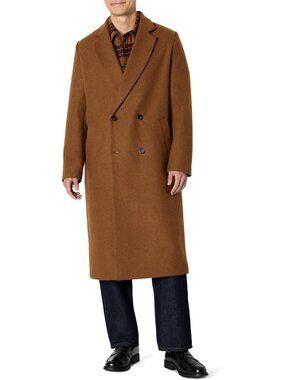 🆕 Men's Caramel Relaxed Fit Double Breasted Wool Blend Longline Topcoat